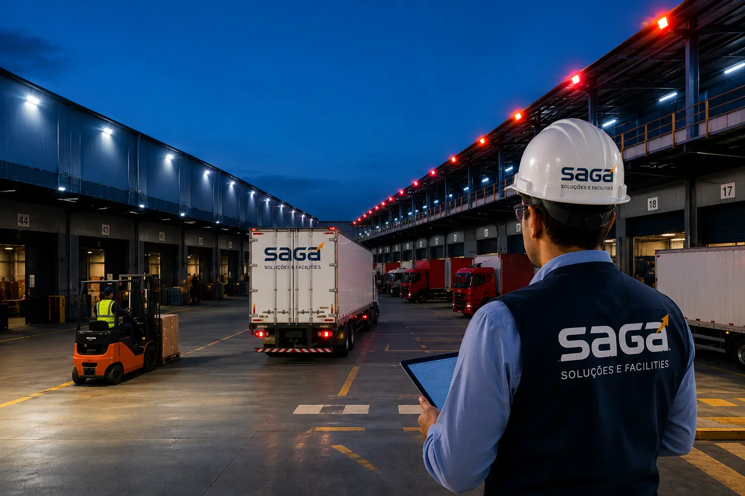 Centro de distribuição industrial ao entardecer com equipes em atividade